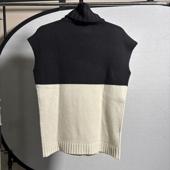Ann Taylor Sleeveless Sweater Black Cream Cowl Neck Merino Wool Cashmere Bld S - Picture 2 of 6